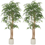 HOMCOM 6FT Artificial Banyan Tree Set of 2, Fake Potted Tree with Solid Wood Trunk and Pot for Indoor