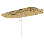 Outsunny 13ft Double-Sided Market Umbrella, Large Patio Umbrella with Solar Lights, Crank Handle for Garden, Pool, Yard, Khaki