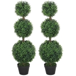 HOMCOM Set of 2 Artificial Ball Boxwood Topiary Trees, Fake Plants in Pot for Indoor Outdoor Living Room Green
