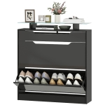 HOMCOM High Gloss Shoe Cabinet with 2 Flip Drawers and Adjustable Shelves, Narrow Shoe Storage Cabinet with Glass Top, Black