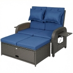Outsunny Patio Rattan Daybed, Wicker Outdoor Daybed with Storage Ottoman, Loveseat w/ Adjustable Backrest, Side Tables, Navy Blue