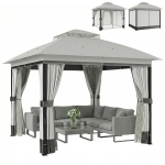 Outsunny 10' x 10' Patio Gazebo, UPF50+ Double Roof Outdoor Gazebo Canopy with Netting and Curtains, Steel Frame, Light Grey