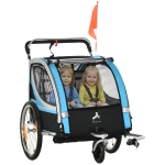 Aosom 2 Seat Bike Trailer for Kids 2-in-1 Double Baby Stroller with Handbrake, Rubber Wheels, 5 Point Harness, Waterproof Cover, Storage Bag, Reflectors, Blue