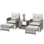 Outsunny 5 Piece Patio Furniture Set, Wicker Patio Chairs with Ottomans, 2-Tier Glass Coffee Table and Cushions, Grey/Cream White