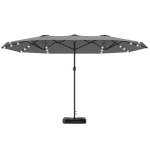 Outsunny Garden Parasol 14.4ft Double-Sided Sun Umbrella with Base, Patio Parasol with LED Solar Lights, Gray