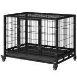 PawHut 36" Heavy Duty Dog Crate with Removable Tray, Lockable Wheels and Double Door, for Medium and Large Dogs, Black