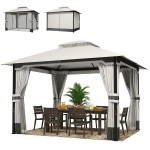 Outsunny 10' x 12' Patio Gazebo, Double Roof Outdoor Gazebo Canopy Shelter with Netting and Curtains, Steel Frame, Light Grey