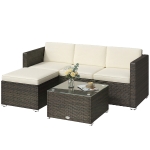 Outsunny 3 Pieces Patio Furniture Set with Cushions, Outdoor PE Rattan Wicker Conversation Corner Sofa Set with Glass Top Table and Adjustable Foot for Garden, Lawn, Cream White