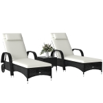 Outsunny Wicker Outdoor Chaise Lounge Chair Set of 3 with Side Table, 5-Level Adjustable Backrest PE Rattan Pool Lounge Chair with Wheels, Cushion & Headrest, Black and Cream White