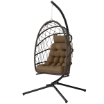 Outsunny Hanging Egg Chair with Stand, Foldable Wicker Rattan Swing Chair with Thick Cushion and Safety Rope, Brown