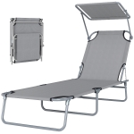 Outsunny Outdoor Lounge Chair, Adjustable Folding Chaise Lounge, Tanning Chair with Sun Shade for Beach, Camping, Hiking, Backyard, Light Grey