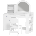 Qaba Kids Vanity Set, Toddler Dressing Table and Chair Set  with Lighted Mirror, Cabinet, Drawer and Shelves, White