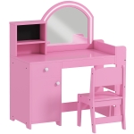Qaba Kids Vanity Set, Toddler Dressing Table and Chair Set  with Lighted Mirror, Cabinet, Drawer and Shelves, Pink