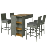 Outsunny 5 Piece Wicker Outdoor Bar Set, Acacia Wood Outdoor High Top Table and Chairs with 3 Tier Shelves, Cushions, Gray