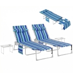 Outsunny Tanning Chair Set of 2 with Face Hole and Side Table, 5-Position Folding Outdoor Chaise Lounge Chair, Blue Stripe