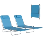 Outsunny 2 Piece Folding Chaise Lounge Chairs, Pool Sun Tanning Chairs with Reclining Back, Breathable Mesh Seat, Headrest for Beach, Yard, Patio, Blue