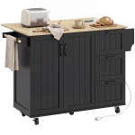HOMCOM Kitchen Island with Drop Leaf, Rolling Kitchen Cart with Power Outlet, Cabinet, 3 Drawers, Spice Rack, Towel Bar, Black