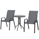 Outsunny 3 Pieces Bistro Set, Small Patio Furniture Set with Stackable Mesh Chairs, Glass Table for Garden, Balcony, Dark Grey