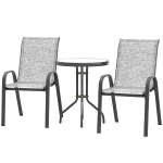 Outsunny 3 Pieces Bistro Set, Small Patio Furniture Set with Stackable Mesh Chairs, Glass Table for Garden, Balcony, Grey