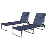 Outsunny 2 Folding Chaise Lounge Pool Chairs with 4-Position Reclining Back, Pillow, Breathable Mesh & Bungee Seat, Dark Blue