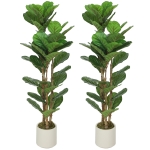 HOMCOM 4FT Artificial Fiddle Leaf Fig Tree Set of 2, Fake Potted Tree with Solid Wood Trunks for Indoor Decor, Green