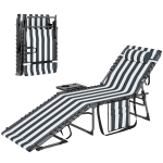 Outsunny Folding Outdoor Chaise Lounge Chair Tanning Chair with 5-Level Adjustable Back, Side Table, Pillow, Pocket, Blue White