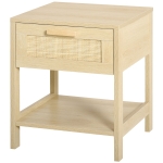 HOMCOM Narrow Nightstand with Rattan Elements, Bedside Table with Drawer and Storage Shelf for Bedroom, Natural