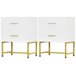 HOMCOM 2 Pieces Nightstands with Storage, Modern Bedside Tables with 2 Fluted Drawers and Gold Legs for Bedroom, White