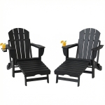 Outsunny Folding Adirondack Chair Set of 2, HDPE Fire Pit Chair with Retractable Ottoman and Cup Holder, Black