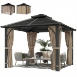 Outsunny 10' x 10' Hardtop Gazebo with 7mm Polycarbonate Double-Tier Roof, Outdoor Gazebo with Netting and Curtains, Khaki
