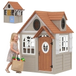 Qaba Outdoor Playhouse, Wooden Kids Playhouse with Dog Door, Cookware, Blackboard, Clock, Tic-Tac-Toe Roller for Backyard