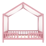 Twin-Size House-Style Toddler Bed Frame with 4-Sided High Railings, Montessori Floor Bed with Canopy, 78.5'' L x 41.5'' W x 78'' H, Pink
