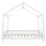 Twin House-Shaped Toddler Bed with 4 High Guard Railings & Roof Frame, Montessori Floor Bed with Canopy, 78.5'' L x 41.5'' W x 78'' H, White