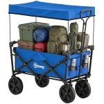 Outsunny Steel Frame Folding Garden Cart, Collapsible Wagon Cart with Removable Canopy, Telescopic Handle and Carrying Bag, Dark Blue