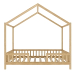 Twin House-Style Toddler Bed with Full Guardrails and DIY Canopy Frame, Montessori Floor Bed with Canopy, 78.5'' L x 41.5'' W x 78'' H, Natural