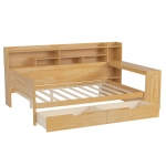 Wooden Full Size Daybed with Built-In Study Desk and 2 Storage Drawers, Space-Saving Guest Bed with Side Shelving, 91.5'' L x 65'' W x 45'' H, Natural