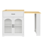 Practical Bar Table with Extendable Rolling Foldable Top, Solid Kitchen Island with Double-Sided Drawers, 82.5" L x 27.5" W x 38.5" H, White+Natural