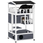 PawHut Wooden Outdoor Cat House, Feral Cat Shelter Kitten Condo with Asphalt Roof, Escape Doors, Condo, Jumping Platform, Gray