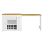 Expandable Bar Table with Adjustable Shelves and Rear Casters, Versatile Kitchen Counter with 2 Doors, 87.5″ L x 19.5″ W x 36″ H, White+Natural