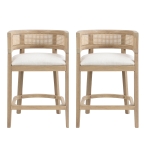 Rattan Upholstered Arm Counter Stools with U‑shaped backrest, Kitchen Island Stools with Foam Seat, 21'' L x 21'' W x 33.5'' H, Beige+Natural Ash