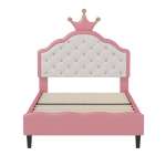 Twin Princess Platform Bed with Crown-Shaped Tufted Headboard, Crown Fantasy Bed Frame with Plywood Frame, 77.5'' L x 41'' W x 48.5'' H, Pink