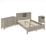 3-Piece Full Size Bedroom Set with Storage Headboard, Farmhouse Platform Bed Set with Charging Station, 83.5" L X 56.5" W X 40.5'' H, Antique Gray