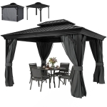 Outsunny 10' x 12' Hardtop Gazebo Permanent Pavilion w/ Double Roof Aluminum Frame Sidewalls for Patio Garden Deck, Dark Gray