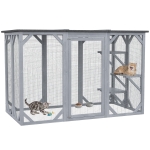 PawHut 44.1" H Cat Cage, Indoor Outdoor Wooden Enclosure Pet House, Small Animal Cage Hutch, Suitable for Rabbit, Dogs, Kitten, Crate Kennel with Waterproof Roof, Multi-Level Platforms, Lock, Grey