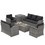 Outsunny 6 Pieces Wicker Patio Furniture Set with Cushions, 7-Seater Rattan Patio Sofa Set with Storage Table, Black