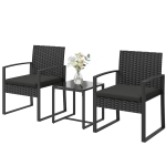 Outsunny Outdoor Bistro Set, 3 Piece Wicker Patio Furniture Set with Glass Top Table and Cushions for Porch, Balcony, Black