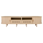 Modern TV Stand with 2 Rattan Drawers and 2 Sliding Doors, Rounded-Corner TV Cabinet with Centre Rattan Panel, 65" L x 15.5" W x 15.5" H, Natural