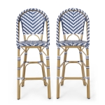 Set of 4 Outdoor Bar Stools with Rust‑Resistant Flat-Wicker construction, Rattan Bar Chairs with Aluminium Frame, 18'' L x 24.5'' W x 45'' H, White+Blue
