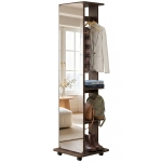 HOMCOM 15" x 62" Full Length Mirror, Tempered Glass Floor Mirror on Wheels with Storage Shelves, Coat Hangers, Brown Wood Grain