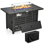 Outsunny Propane Gas Fire Pit Table, Outdoor Firepit with 43" Steel Tabletop and Lid, 50,000 BTU Pulse Ignition Fire Table w/ Stainless Steel Burner, Glass Wind Guard, and Cover